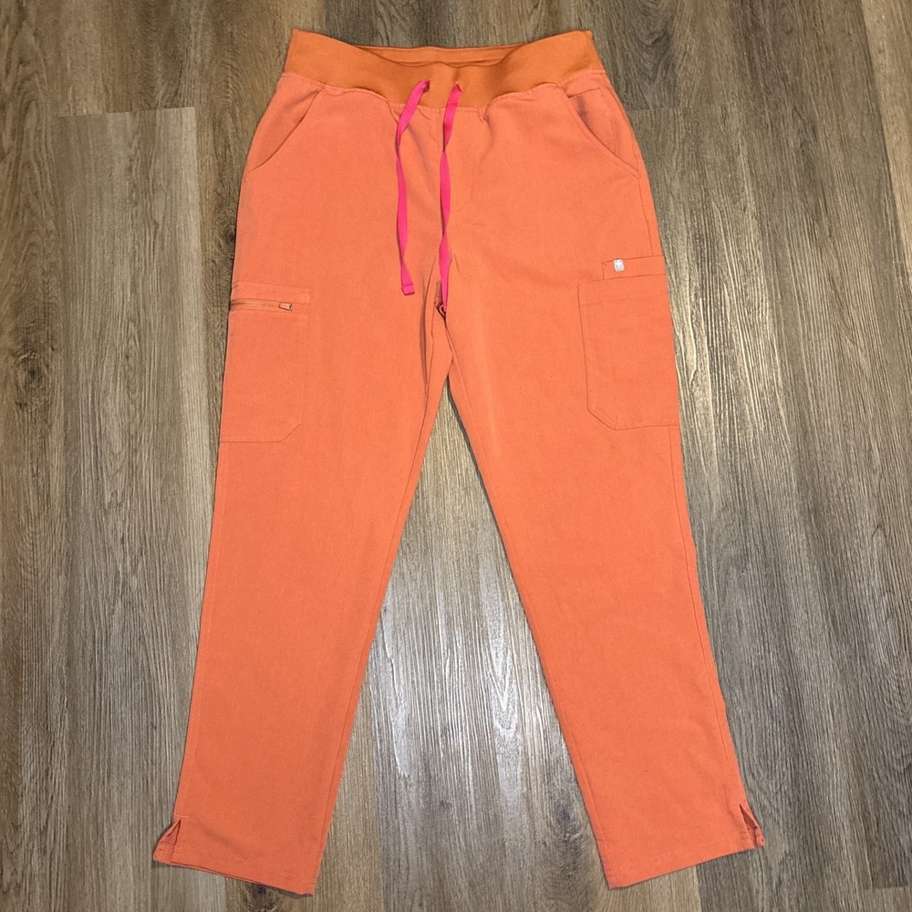 Figs Women's Straight Leg Pants in Orange with Pink Drawstring
